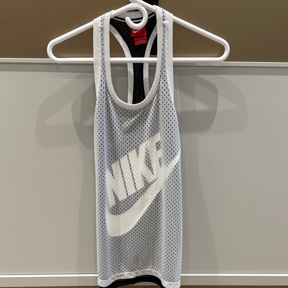 Nike White and Black Mesh Racerback Tank with Large Swoosh